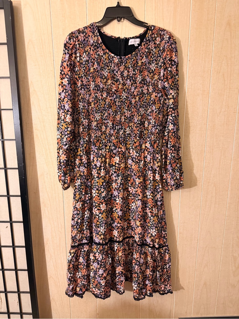 Lost + Wander Black Multi Floral Long Sleeve Smocked Midi Dress